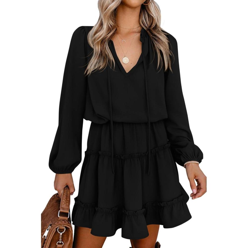 imageBTFBM Long Sleeve Fall Dresses for Women 2025 Summer Casual Tie Neck Ruffle Tiered A Line Wedding Guest Short Mini DressLong Sleeve Black