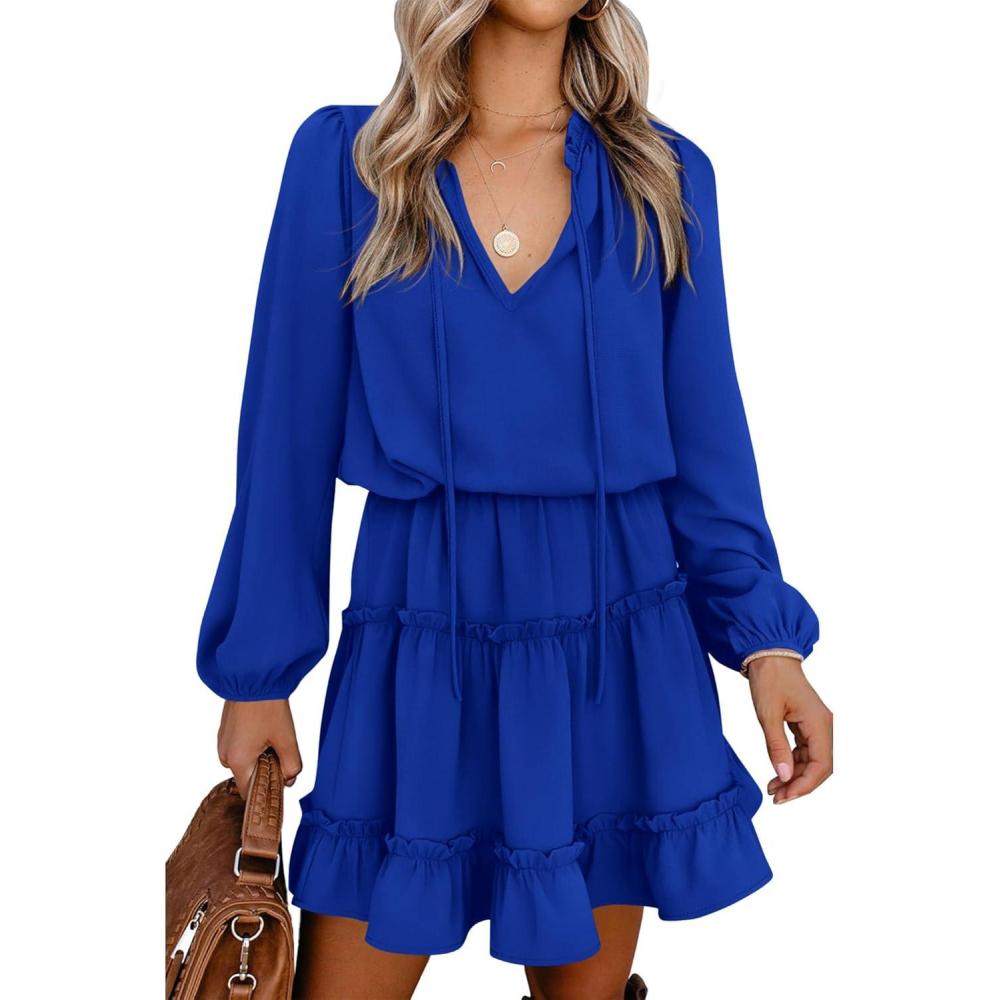 imageBTFBM Long Sleeve Fall Dresses for Women 2025 Summer Casual Tie Neck Ruffle Tiered A Line Wedding Guest Short Mini DressLong Sleeve Bright Blue