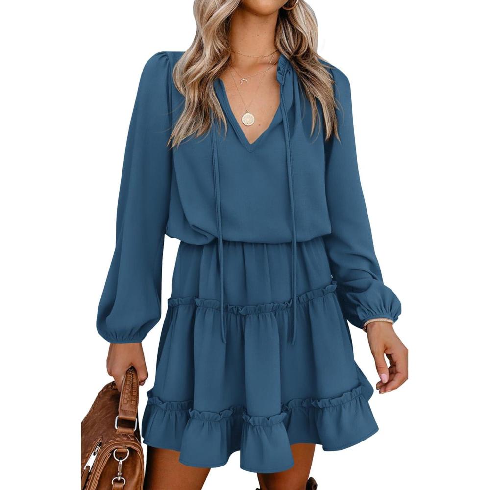 imageBTFBM Long Sleeve Fall Dresses for Women 2025 Summer Casual Tie Neck Ruffle Tiered A Line Wedding Guest Short Mini DressLong Sleeve Dark Blue