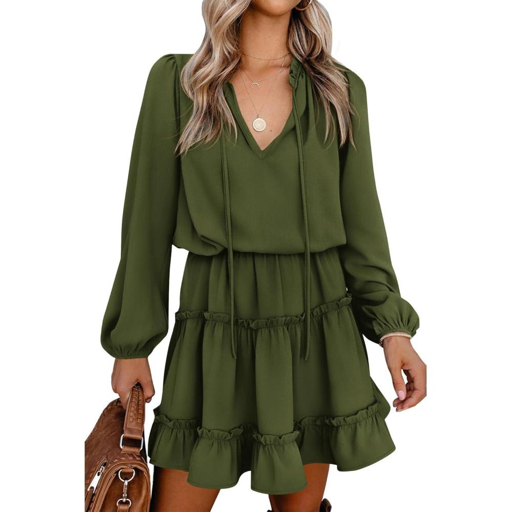 imageBTFBM Long Sleeve Fall Dresses for Women 2025 Summer Casual Tie Neck Ruffle Tiered A Line Wedding Guest Short Mini DressLong Sleeve Green