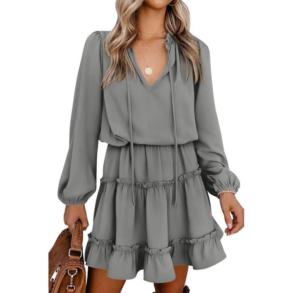 imageBTFBM Long Sleeve Fall Dresses for Women 2025 Summer Casual Tie Neck Ruffle Tiered A Line Wedding Guest Short Mini DressLong Sleeve Grey