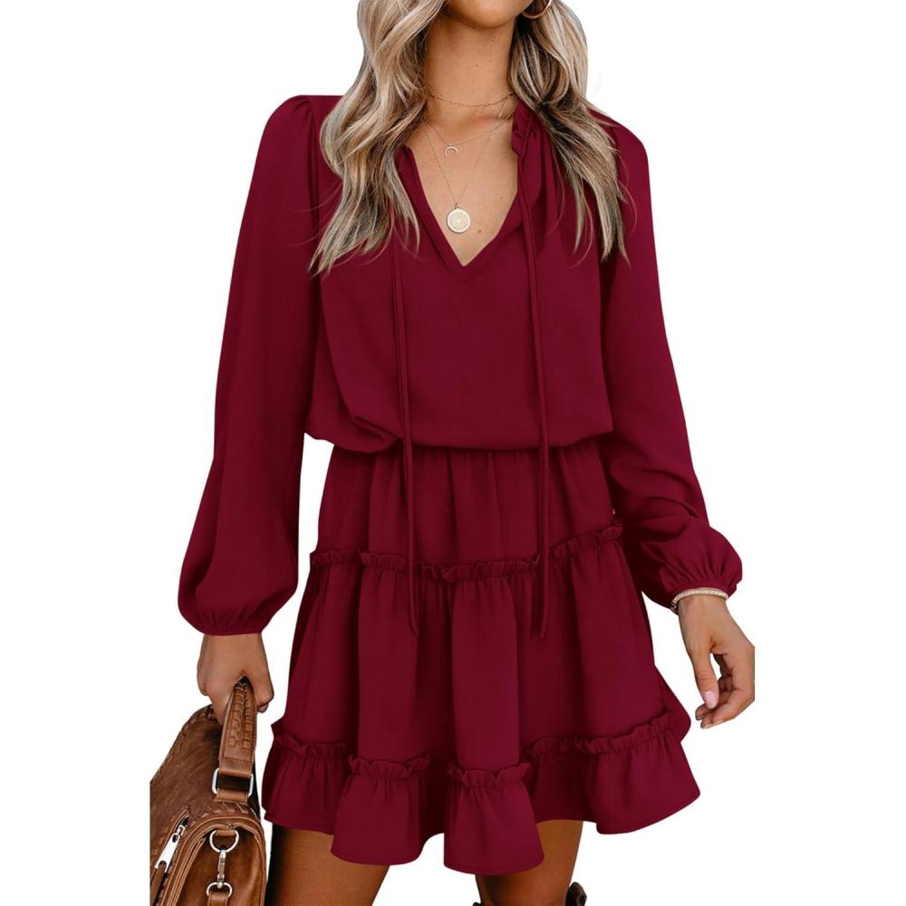 imageBTFBM Long Sleeve Fall Dresses for Women 2025 Summer Casual Tie Neck Ruffle Tiered A Line Wedding Guest Short Mini DressLong Sleeve Red