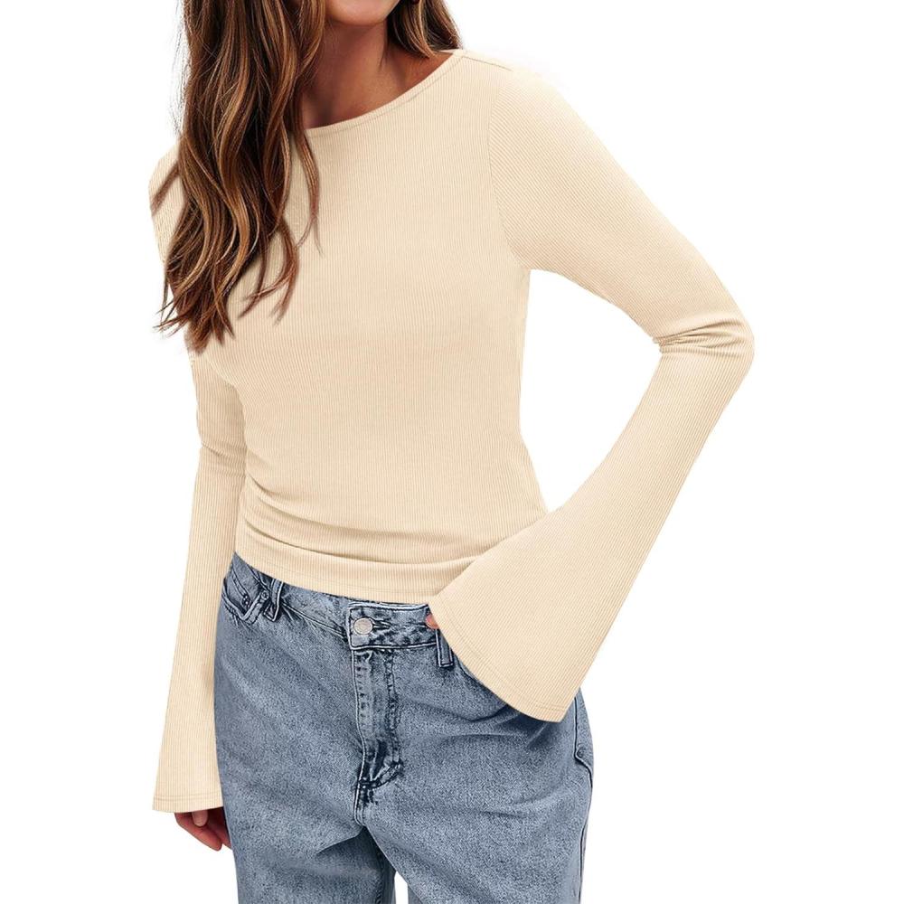 imageBTFBM Long Sleeve Shirts for Women 2026 Spring Y2K Clothes Casual Boat Neck Bell Sleeve Fitted Fall Going Out TopsBeige