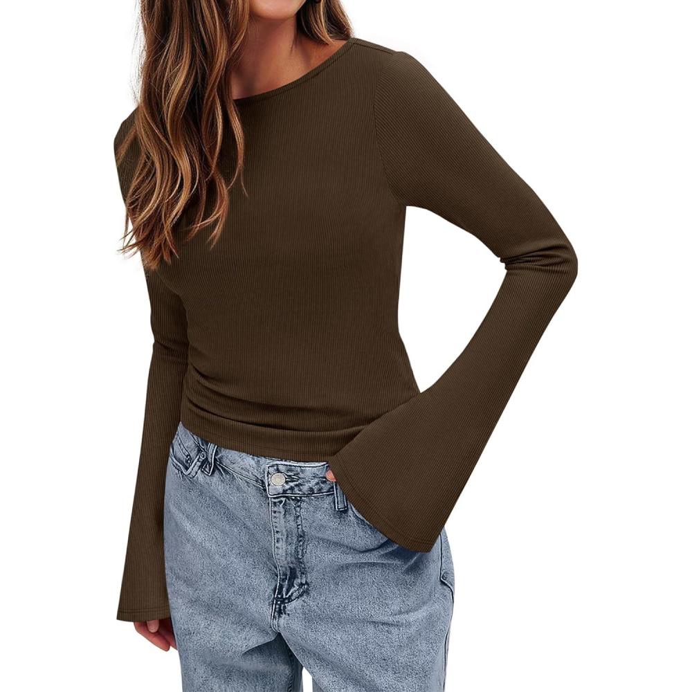 imageBTFBM Long Sleeve Shirts for Women 2026 Spring Y2K Clothes Casual Boat Neck Bell Sleeve Fitted Fall Going Out TopsBrown