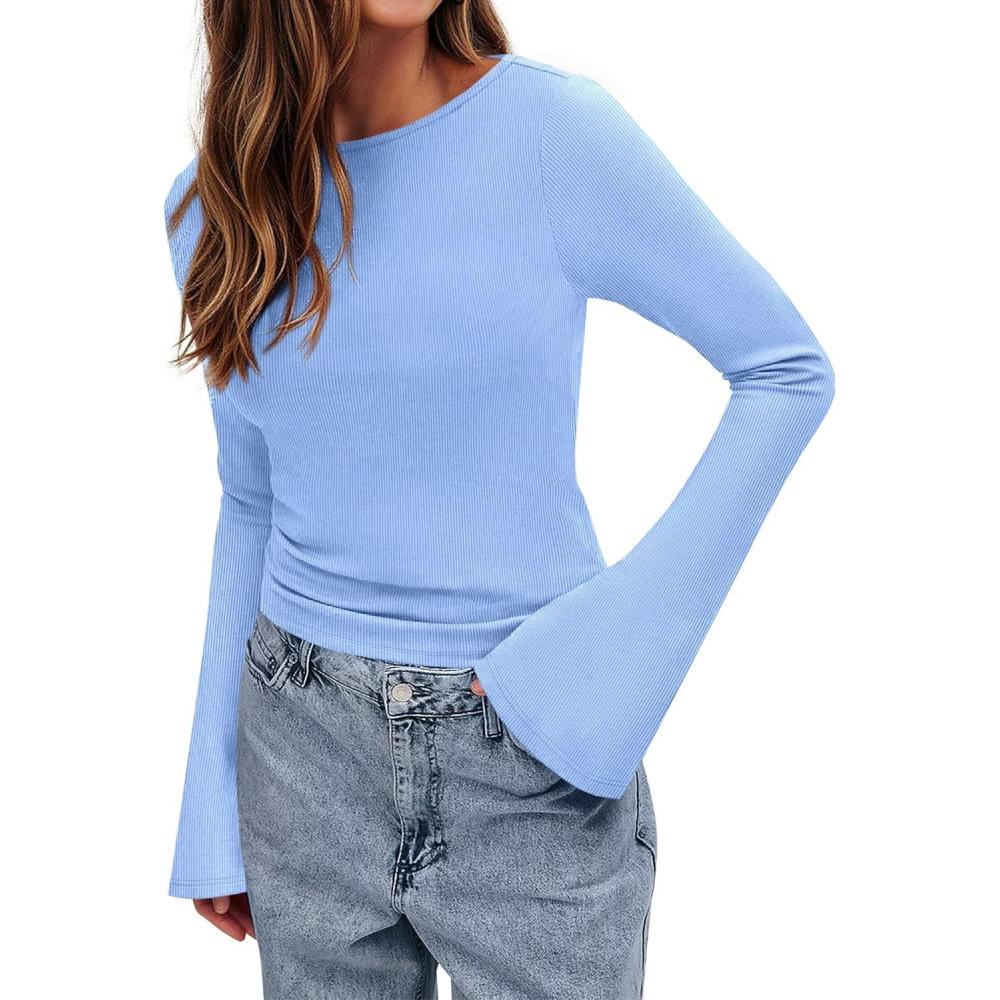 imageBTFBM Long Sleeve Shirts for Women 2026 Spring Y2K Clothes Casual Boat Neck Bell Sleeve Fitted Fall Going Out TopsLight Blue