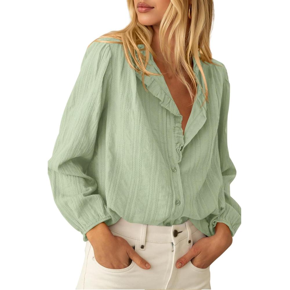 imageBTFBM Long Sleeve Shirts for Women Trendy Ruffle Tops Lightweight Button Down Shirt Loose Spring Blouses 2026Green