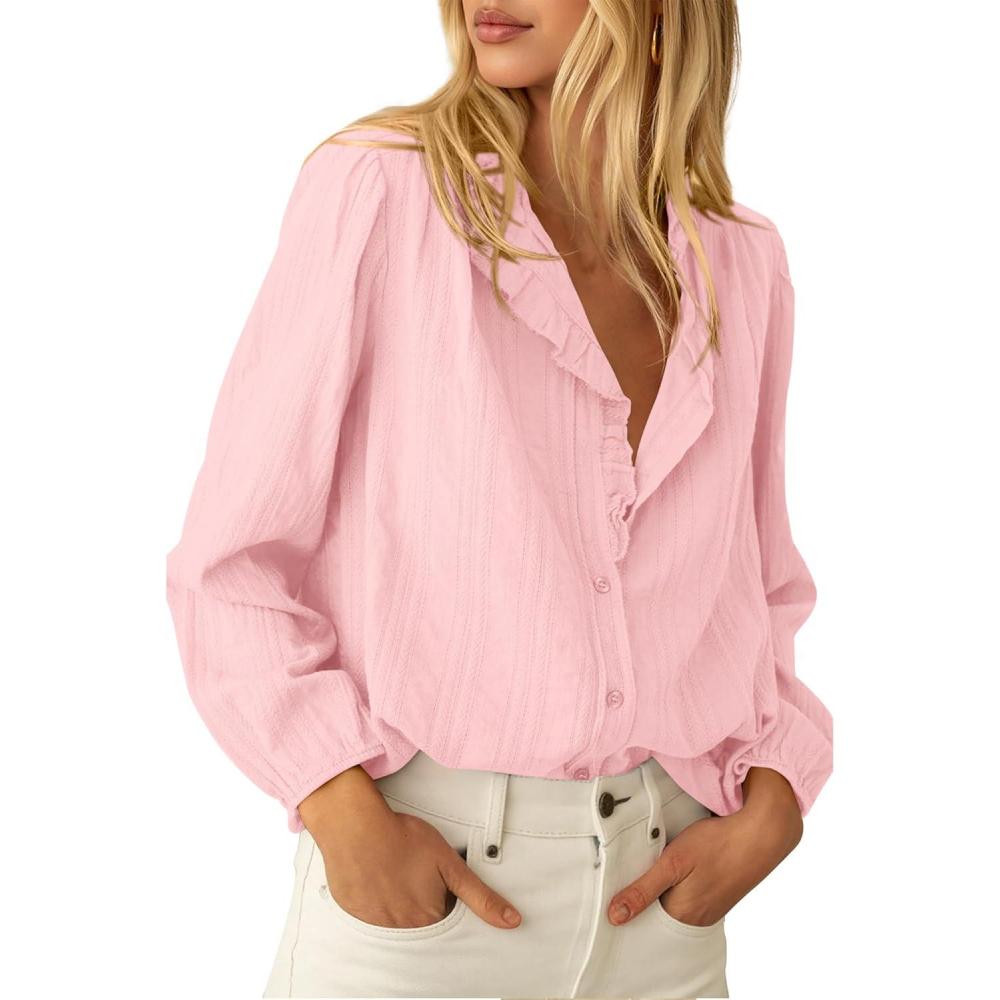 imageBTFBM Long Sleeve Shirts for Women Trendy Ruffle Tops Lightweight Button Down Shirt Loose Spring Blouses 2026Pink