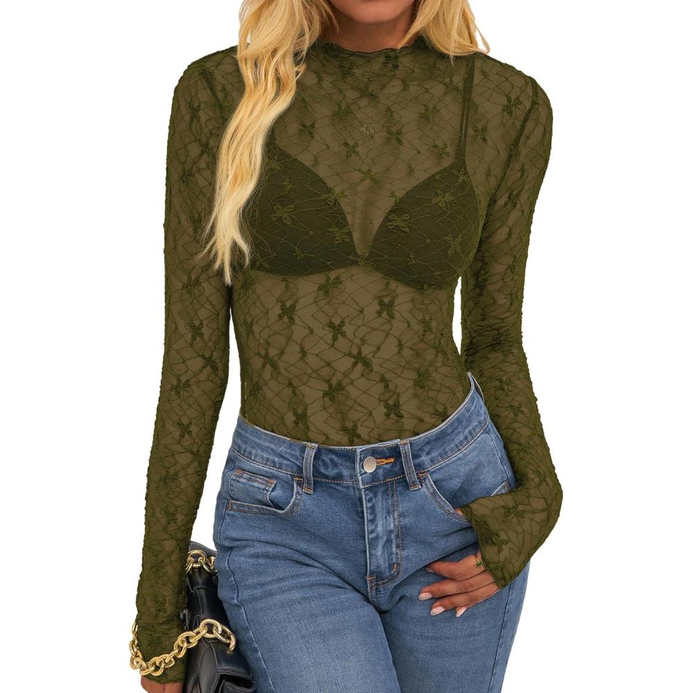 imageBTFBM Mesh Lace Tops Long Sleeve Shirts for Women 2026 Spring Fall See Through Crew Neck Slim Fitted Party Club OutfitsArmy Green