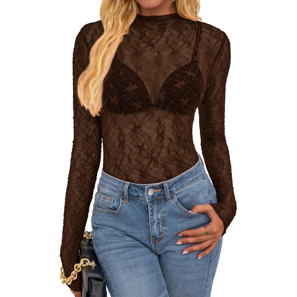 imageBTFBM Mesh Lace Tops Long Sleeve Shirts for Women 2026 Spring Fall See Through Crew Neck Slim Fitted Party Club OutfitsBrown