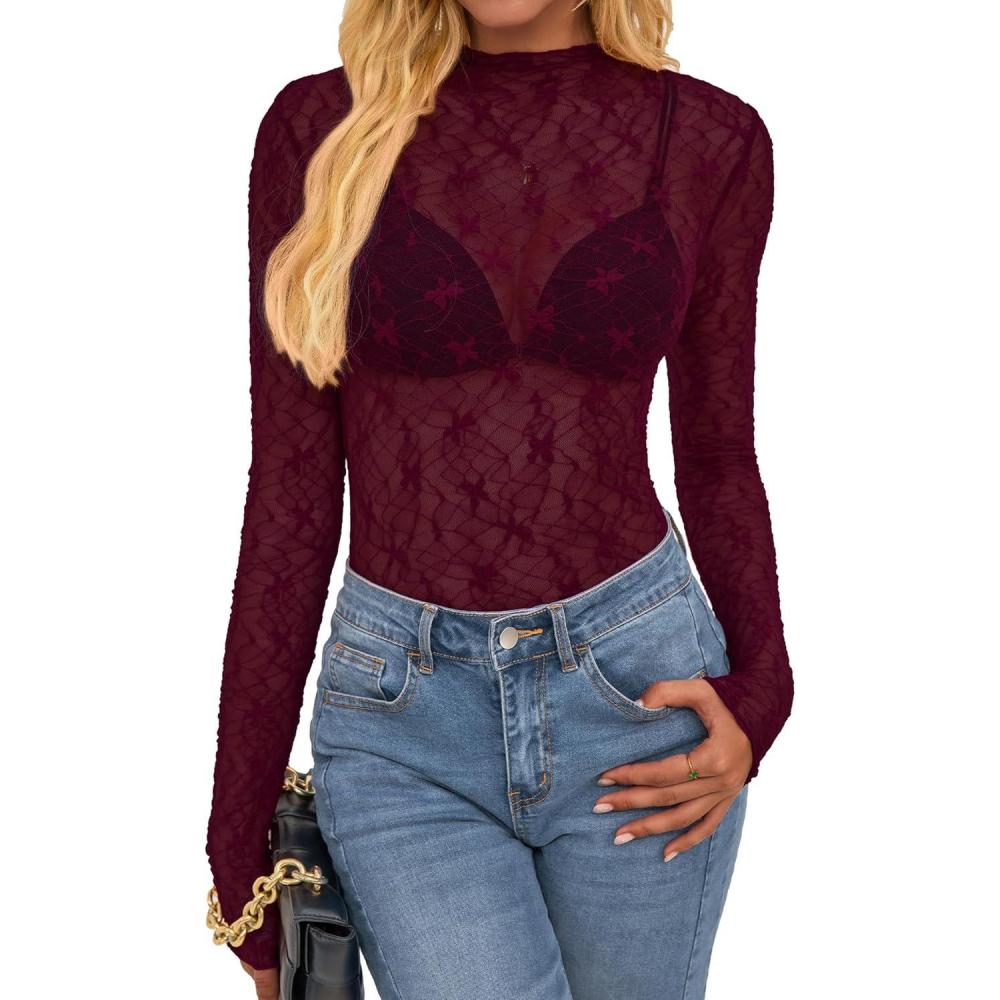 imageBTFBM Mesh Lace Tops Long Sleeve Shirts for Women 2026 Spring Fall See Through Crew Neck Slim Fitted Party Club OutfitsBurgundy
