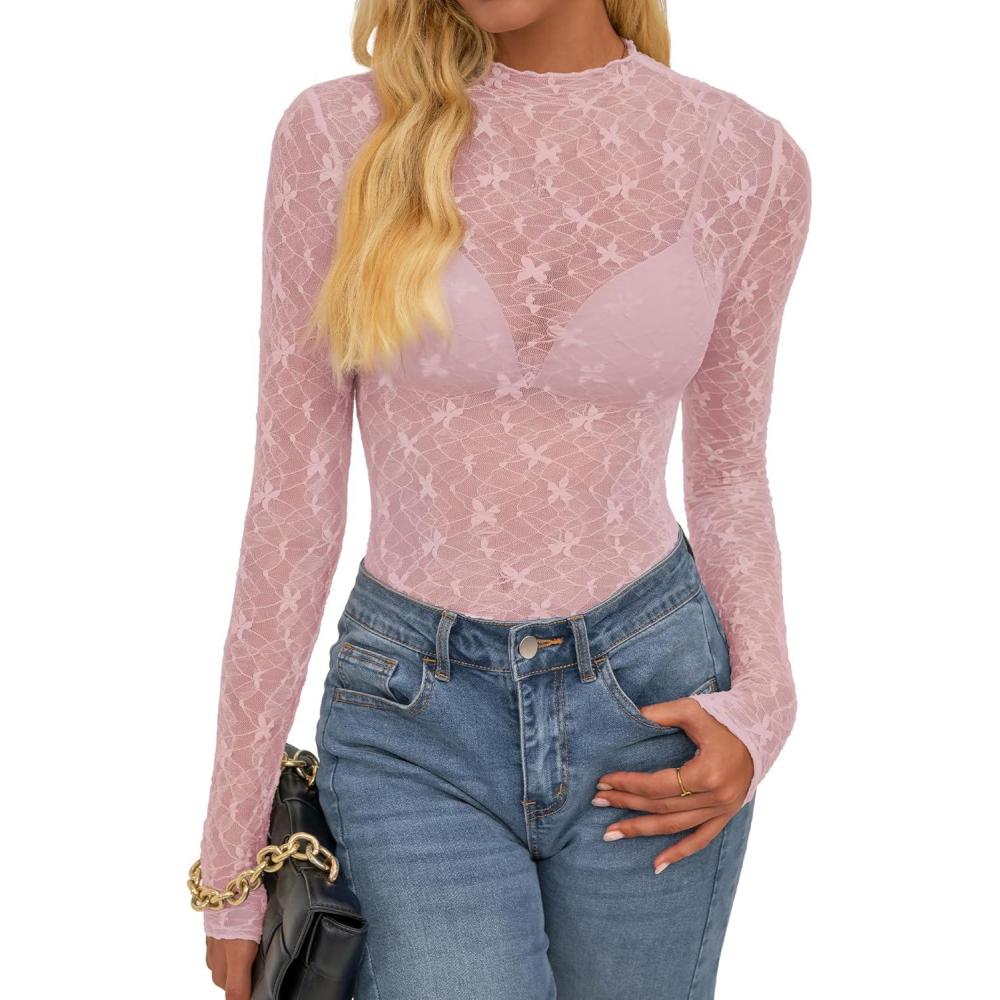 imageBTFBM Mesh Lace Tops Long Sleeve Shirts for Women 2026 Spring Fall See Through Crew Neck Slim Fitted Party Club OutfitsPink