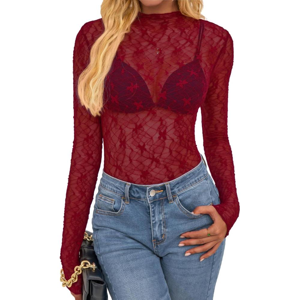 imageBTFBM Mesh Lace Tops Long Sleeve Shirts for Women 2026 Spring Fall See Through Crew Neck Slim Fitted Party Club OutfitsRed