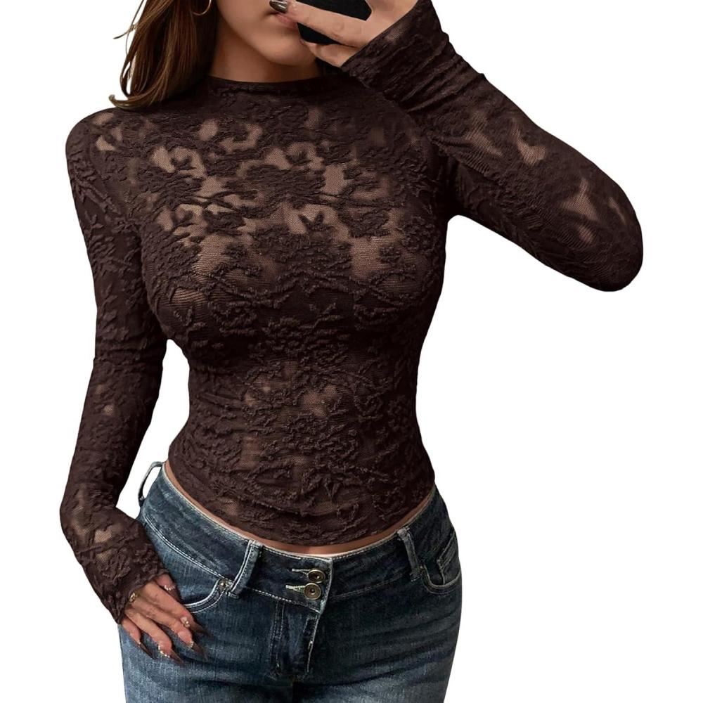imageBTFBM Mesh Long Sleeve Tops for Women Lace Sexy Sheer Tight See Through Crew Neck Spring Fall 2026 Party Club OutfitsBrown