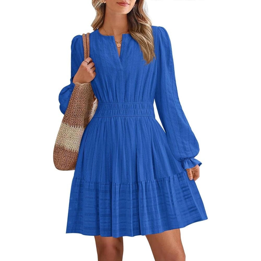 imageBTFBM Mini Dresses for Women 2025 Casual Lightweight Long Sleeve V Neck A Line Elastic Waist Party Holiday DressBlue