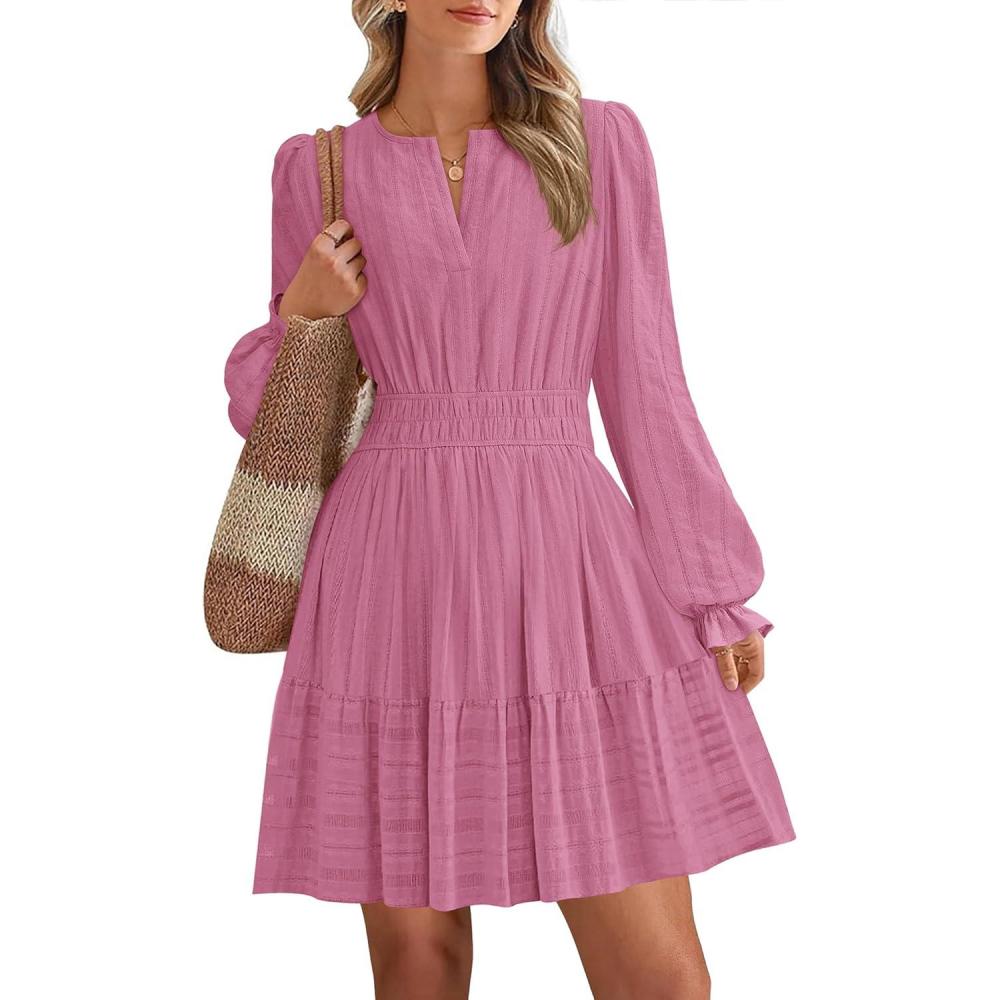 imageBTFBM Mini Dresses for Women 2025 Casual Lightweight Long Sleeve V Neck A Line Elastic Waist Party Holiday DressDusty Pink