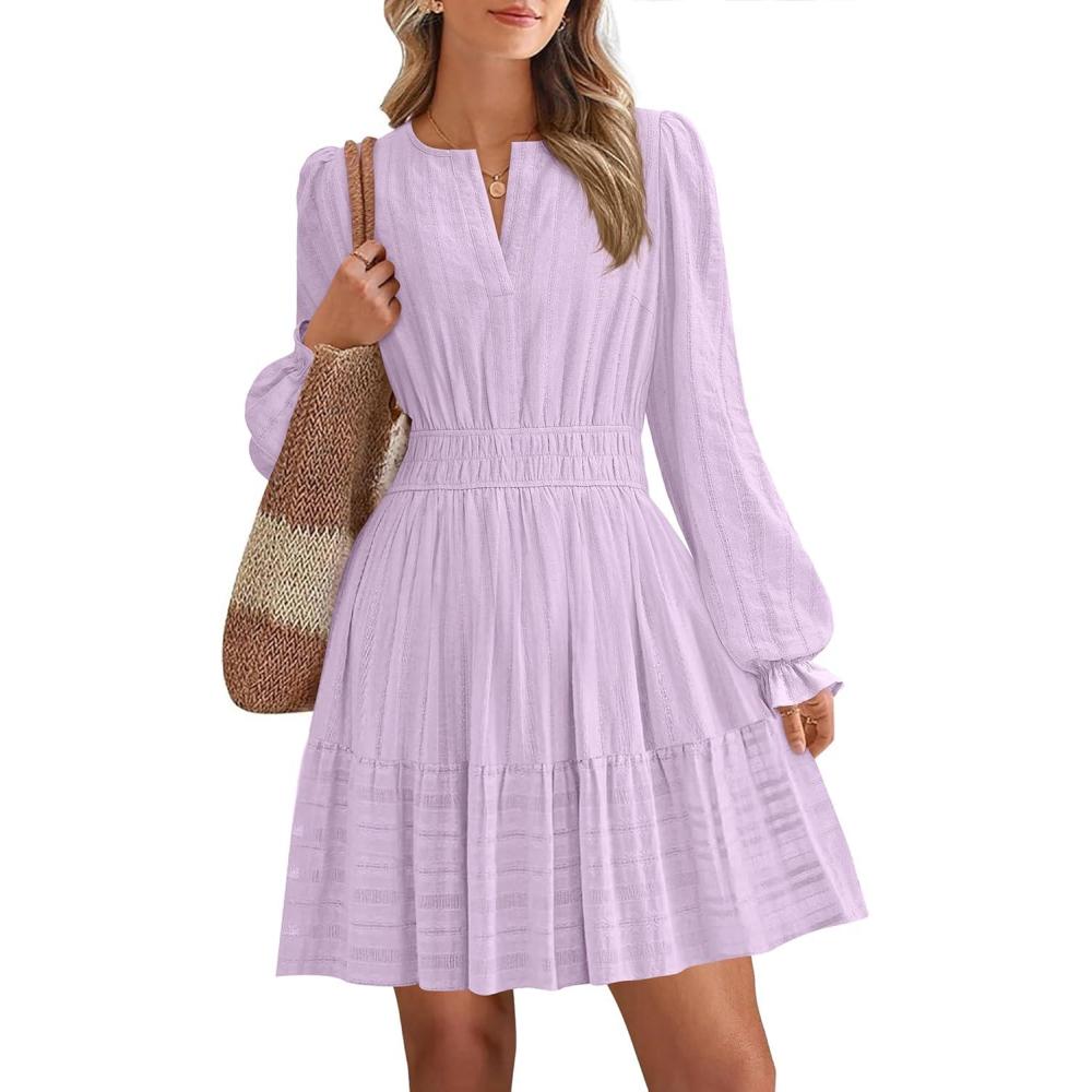imageBTFBM Mini Dresses for Women 2025 Casual Lightweight Long Sleeve V Neck A Line Elastic Waist Party Holiday DressLight Purple