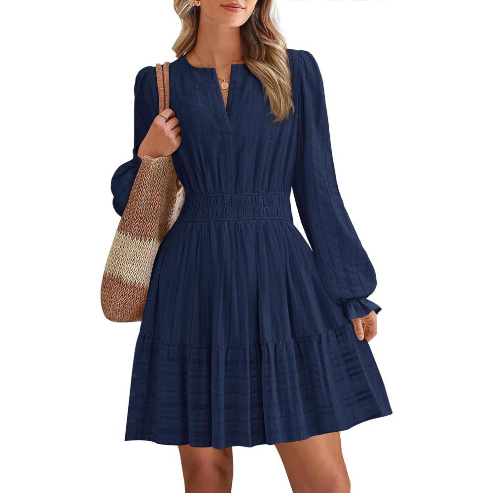 imageBTFBM Mini Dresses for Women 2025 Casual Lightweight Long Sleeve V Neck A Line Elastic Waist Party Holiday DressNavy