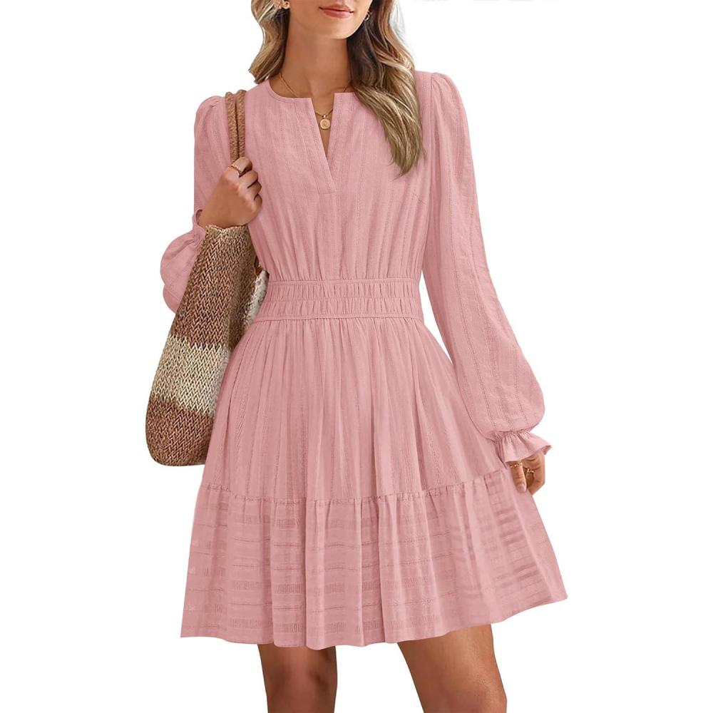 imageBTFBM Mini Dresses for Women 2025 Casual Lightweight Long Sleeve V Neck A Line Elastic Waist Party Holiday DressPink