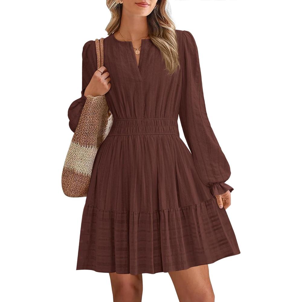 imageBTFBM Mini Dresses for Women 2025 Casual Lightweight Long Sleeve V Neck A Line Elastic Waist Party Holiday DressRed Brown