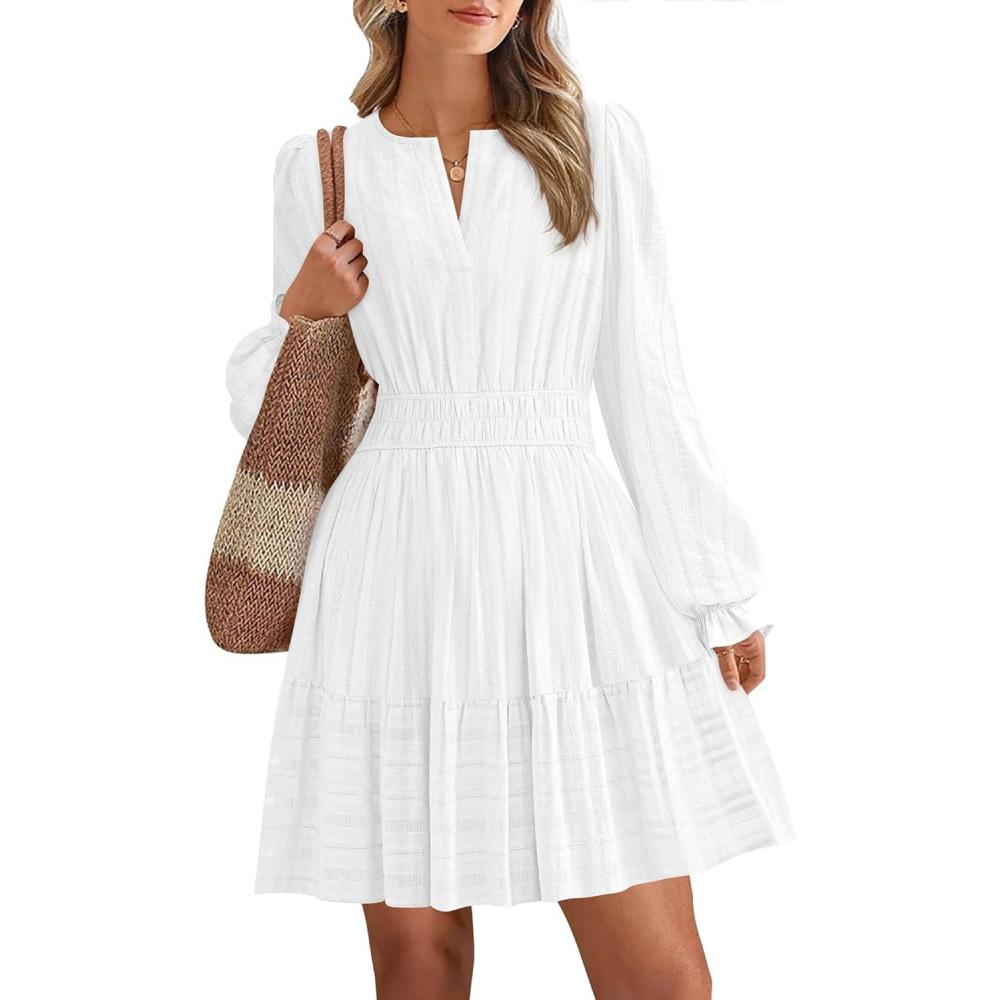 imageBTFBM Mini Dresses for Women 2025 Casual Lightweight Long Sleeve V Neck A Line Elastic Waist Party Holiday DressWhite