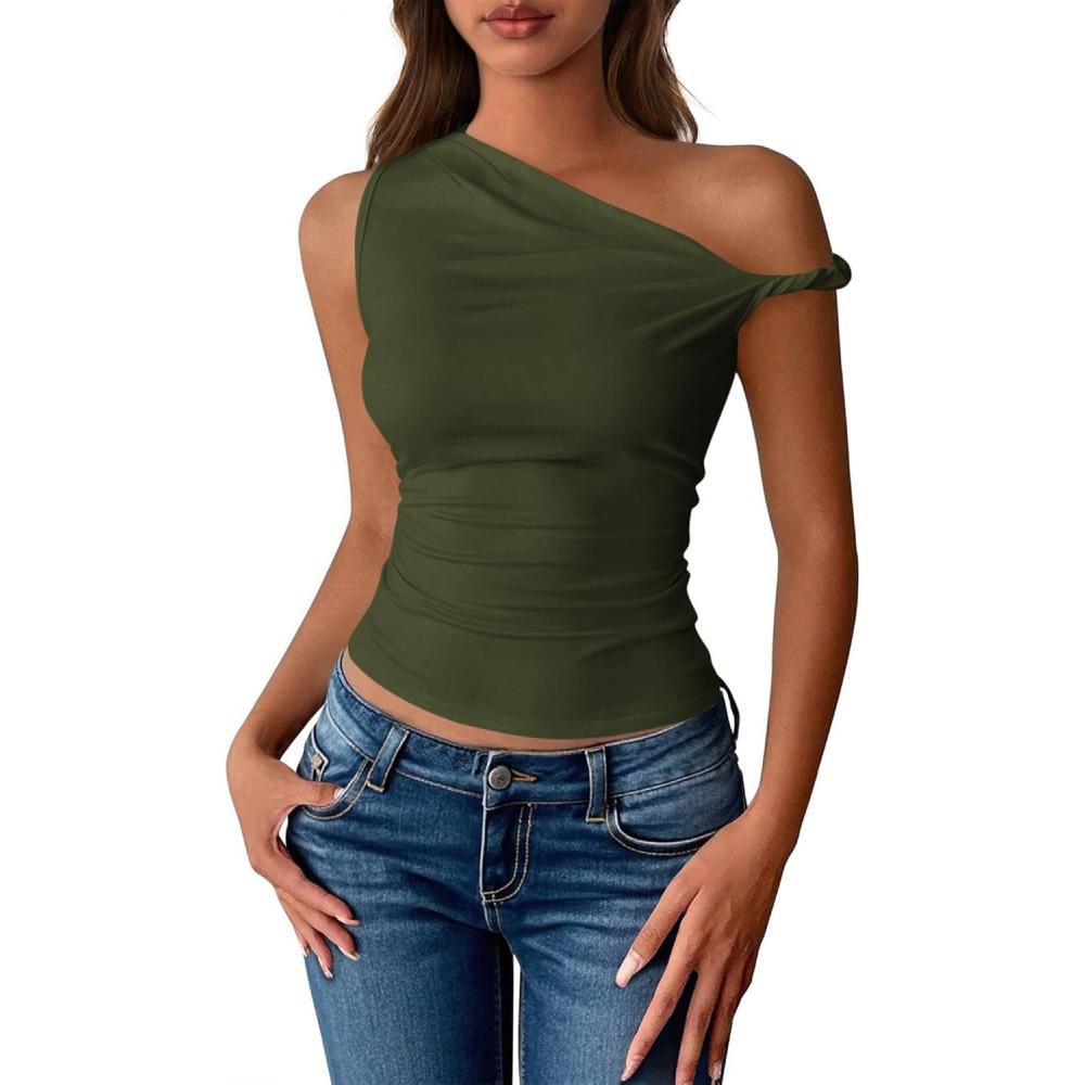 imageBTFBM Off The Shoulder Tops for Women 2026 Cute Summer Casual Sleeveless Slim Fit y2k Spring Outfits Going Out Tank TopArmy Green