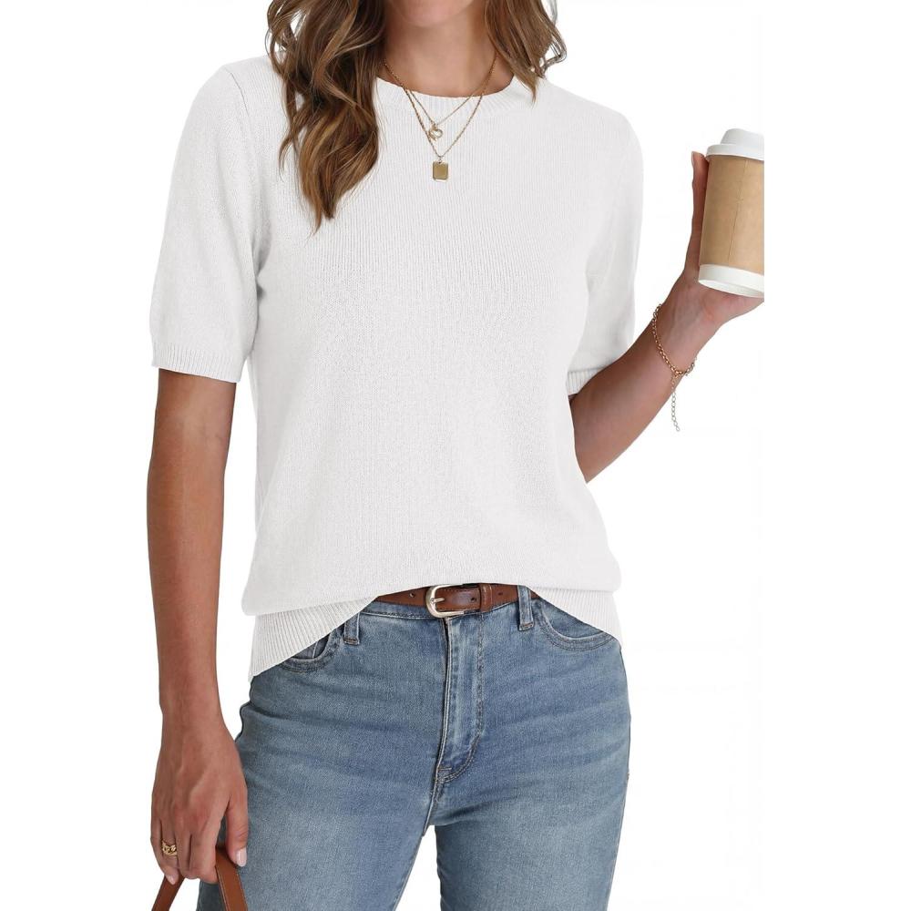 imageBTFBM Short Sleeve Sweater for Women Spring Tops Crew Neck Lightweight Pullover Loose Dressy Casual Blouse Basic ClothesWhite