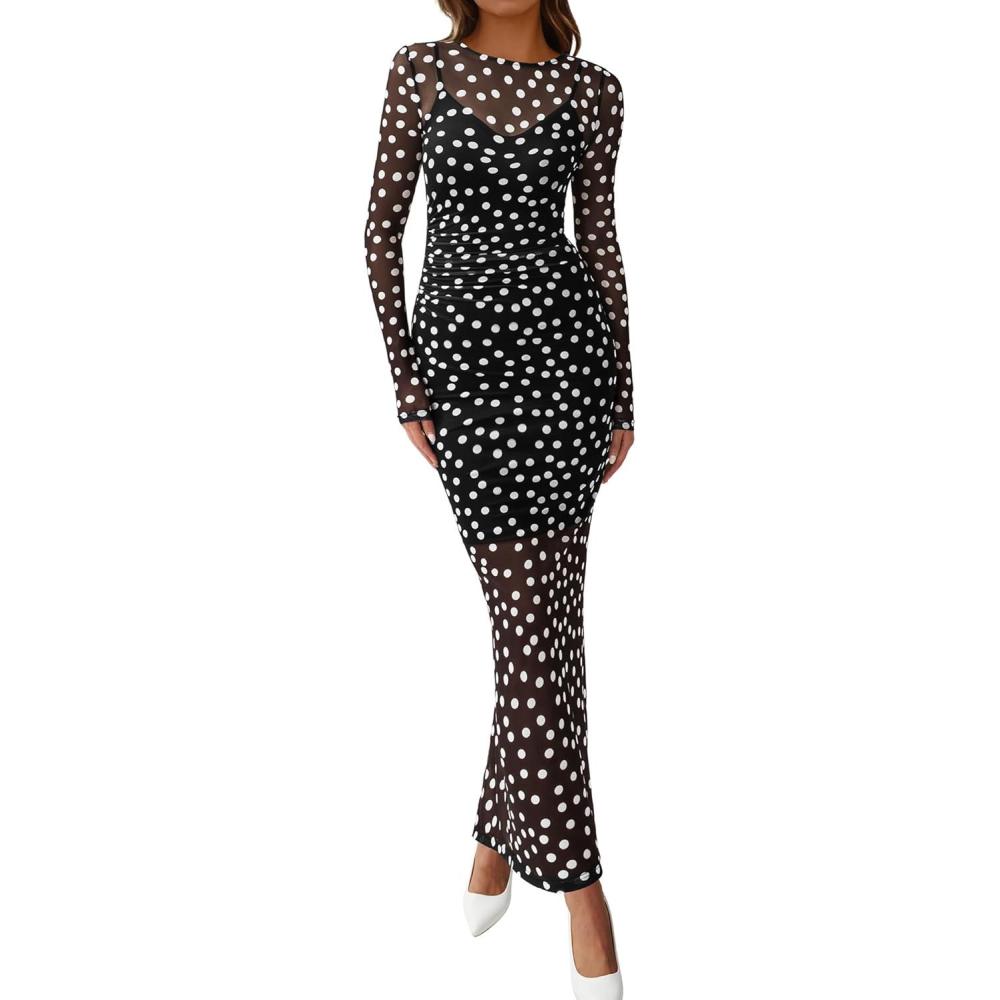 imageBTFBM Spring Dresses for Women 2026 2 Piece Set Long Sleeve Polka Dot Sexy Bodycon Mesh Dress and Slip Dress WeddingBig Dot Black White