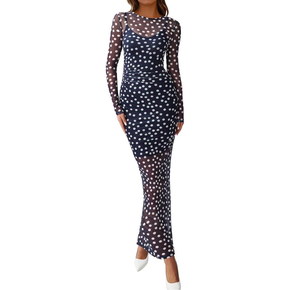 imageBTFBM Spring Dresses for Women 2026 2 Piece Set Long Sleeve Polka Dot Sexy Bodycon Mesh Dress and Slip Dress WeddingBig Dot Navy White