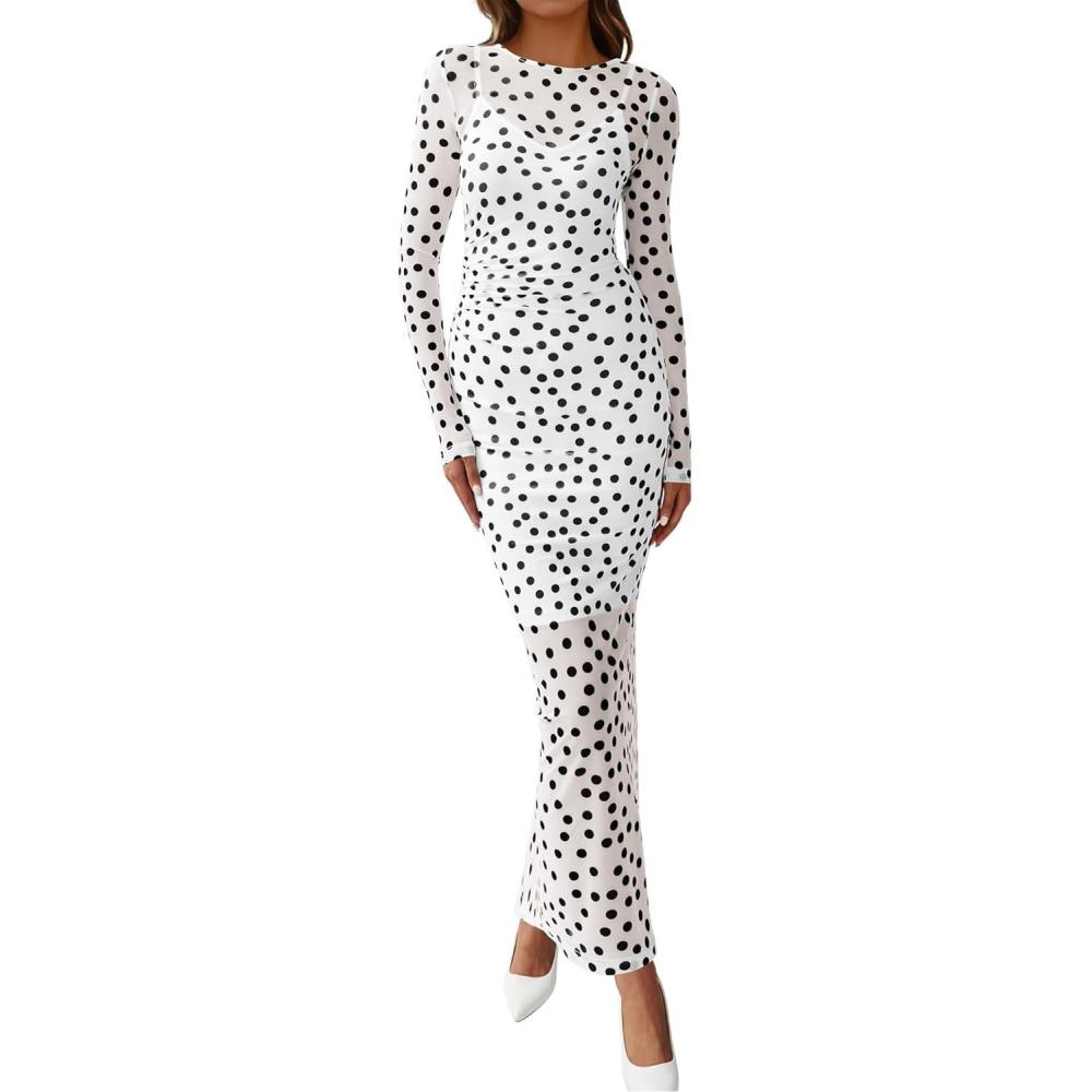 imageBTFBM Spring Dresses for Women 2026 2 Piece Set Long Sleeve Polka Dot Sexy Bodycon Mesh Dress and Slip Dress WeddingBig Dot White Black