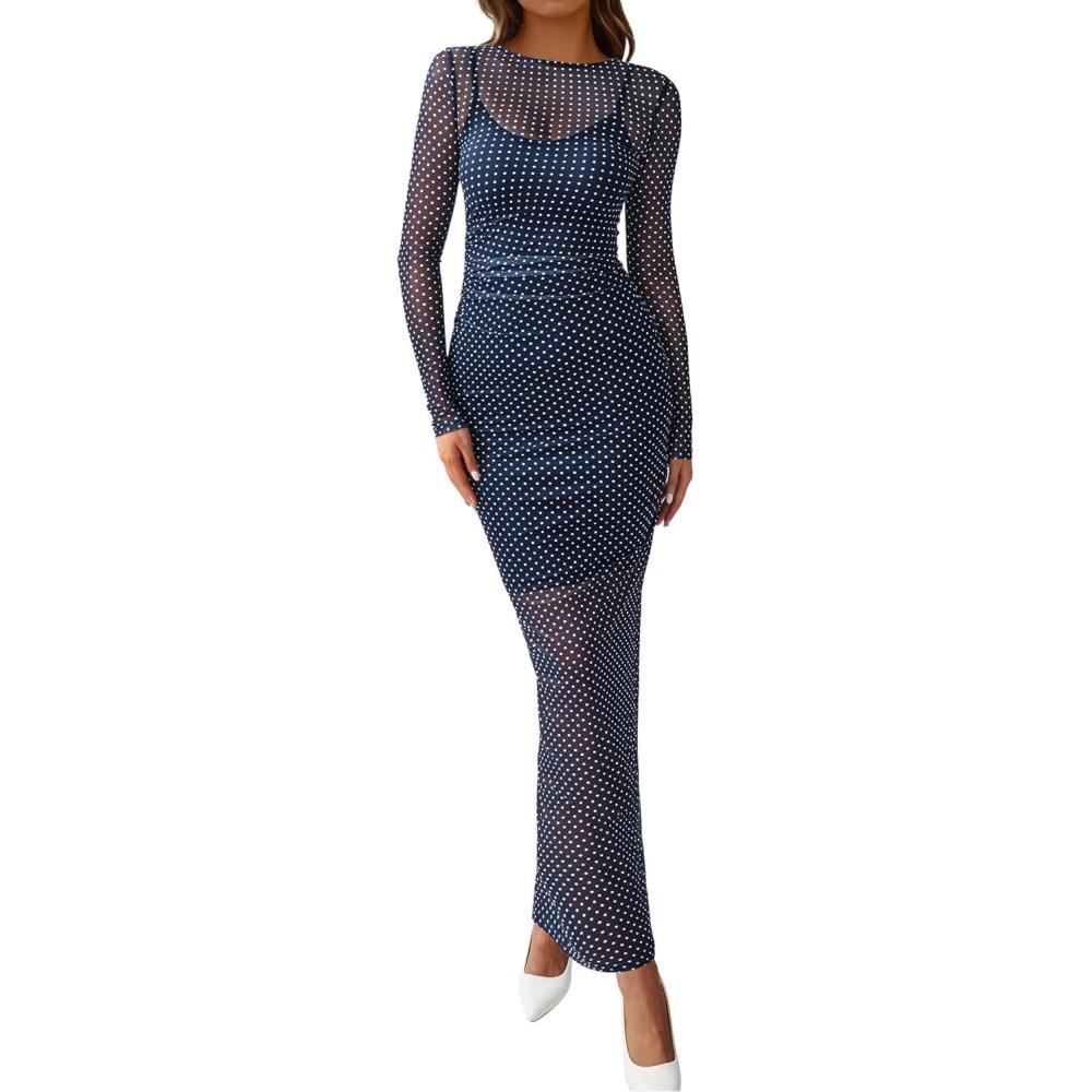 imageBTFBM Spring Dresses for Women 2026 2 Piece Set Long Sleeve Polka Dot Sexy Bodycon Mesh Dress and Slip Dress WeddingSmall Dot Navy White
