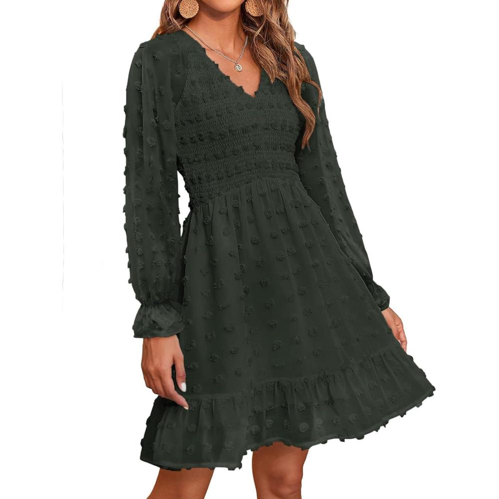 imageBTFBM Spring Dresses for Women 2026 Long Sleeve Casual V Neck Swiss Dot Smocked Ruffle Chiffon Flowy Mini Summer DressArmy Green