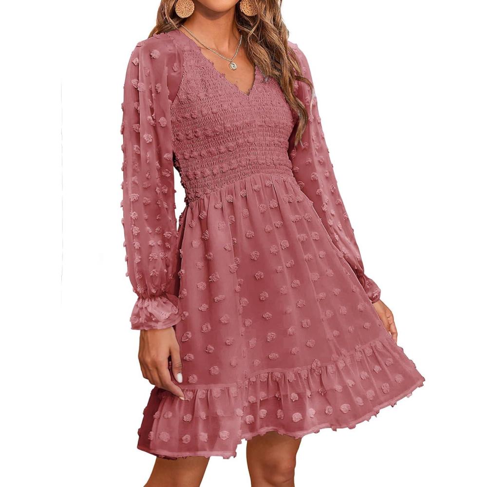 imageBTFBM Spring Dresses for Women 2026 Long Sleeve Casual V Neck Swiss Dot Smocked Ruffle Chiffon Flowy Mini Summer DressBean Paste Red