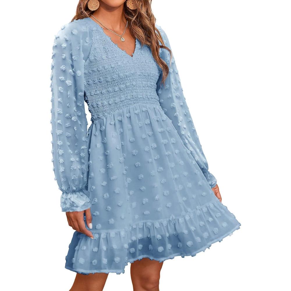 imageBTFBM Spring Dresses for Women 2026 Long Sleeve Casual V Neck Swiss Dot Smocked Ruffle Chiffon Flowy Mini Summer DressBlue
