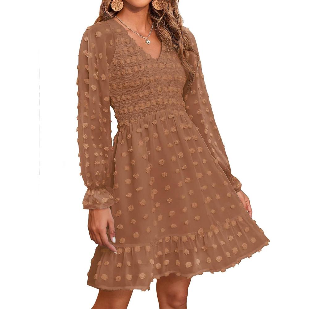 imageBTFBM Spring Dresses for Women 2026 Long Sleeve Casual V Neck Swiss Dot Smocked Ruffle Chiffon Flowy Mini Summer DressKhaki