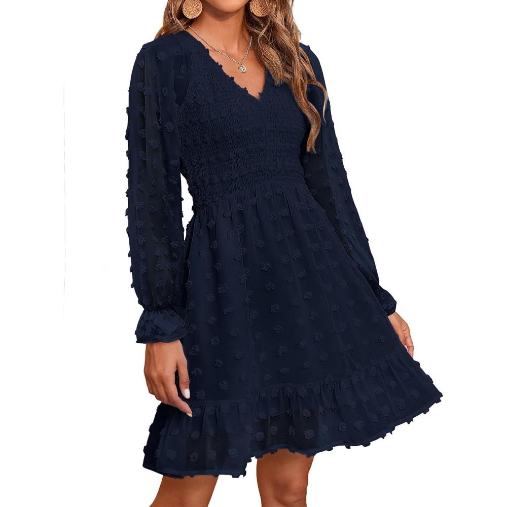 imageBTFBM Spring Dresses for Women 2026 Long Sleeve Casual V Neck Swiss Dot Smocked Ruffle Chiffon Flowy Mini Summer DressNavy