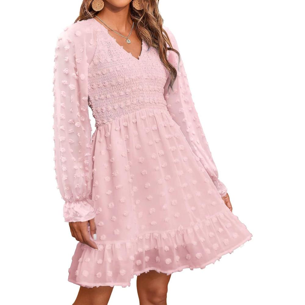 imageBTFBM Spring Dresses for Women 2026 Long Sleeve Casual V Neck Swiss Dot Smocked Ruffle Chiffon Flowy Mini Summer DressPink