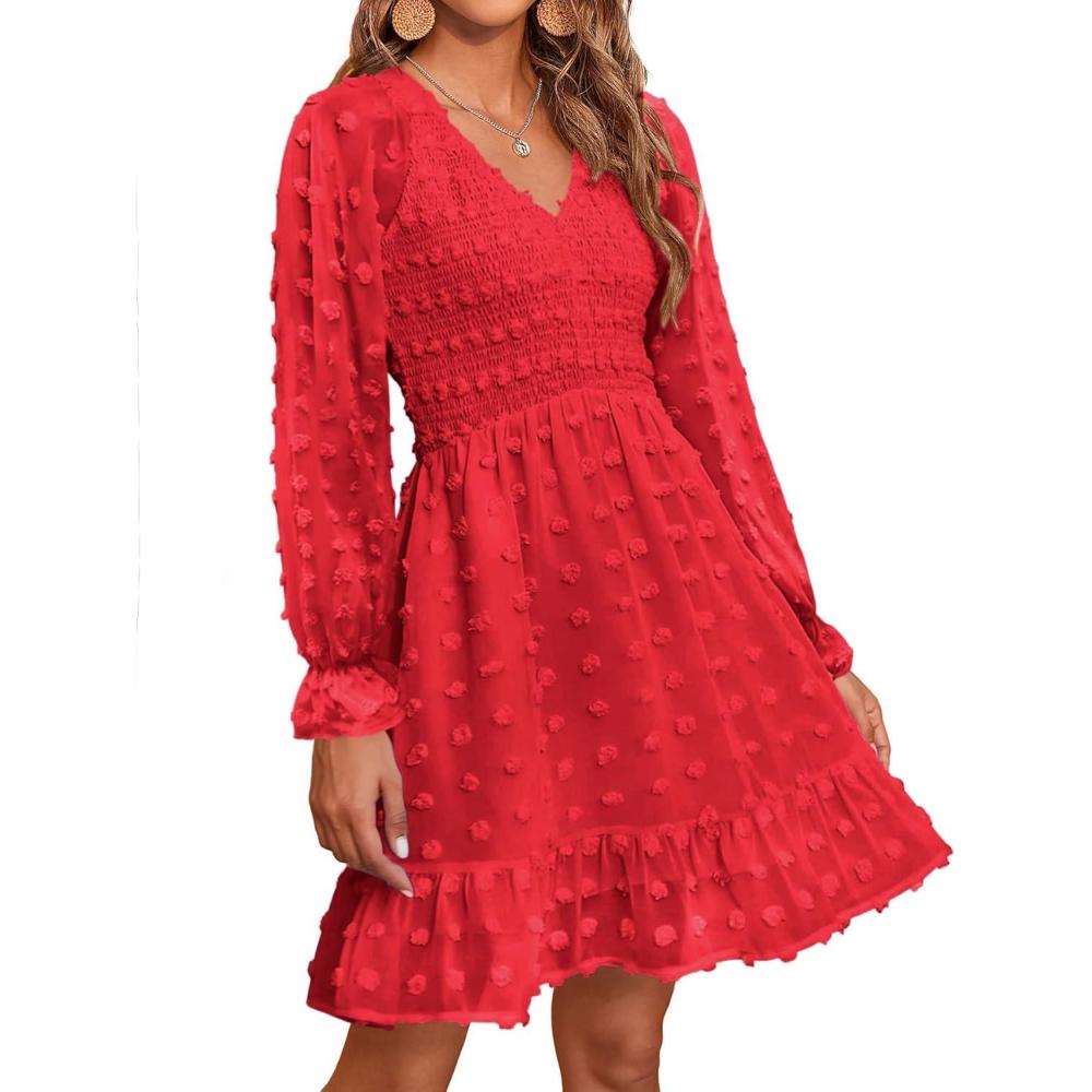 imageBTFBM Spring Dresses for Women 2026 Long Sleeve Casual V Neck Swiss Dot Smocked Ruffle Chiffon Flowy Mini Summer DressRed