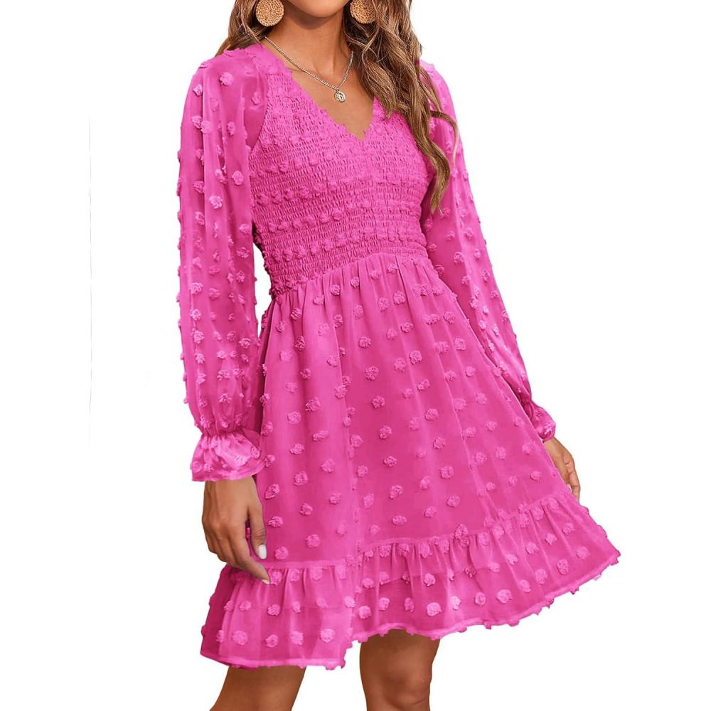 imageBTFBM Spring Dresses for Women 2026 Long Sleeve Casual V Neck Swiss Dot Smocked Ruffle Chiffon Flowy Mini Summer DressRose Red