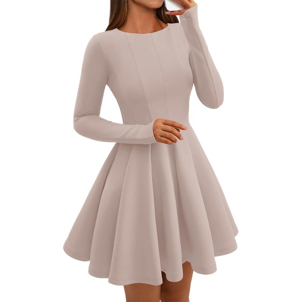 imageBTFBM Spring Dresses for Women 2026 Long Sleeve High Waist Pleated Flowy Aline Party Wedding Guest Dress Business CasualBeige