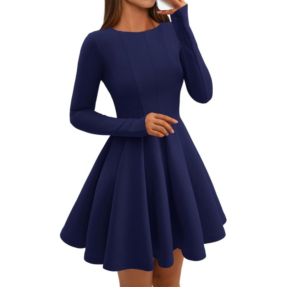 imageBTFBM Spring Dresses for Women 2026 Long Sleeve High Waist Pleated Flowy Aline Party Wedding Guest Dress Business CasualNavy