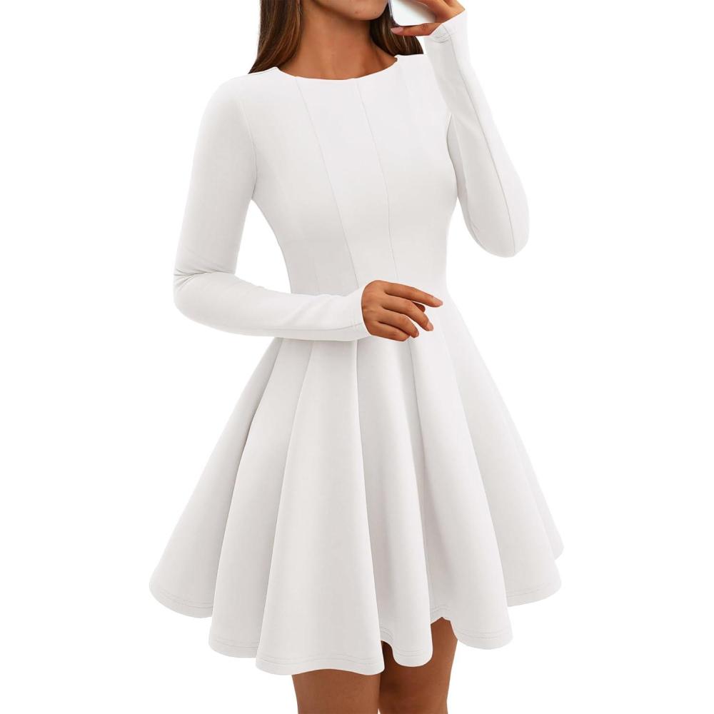 imageBTFBM Spring Dresses for Women 2026 Long Sleeve High Waist Pleated Flowy Aline Party Wedding Guest Dress Business CasualWhite