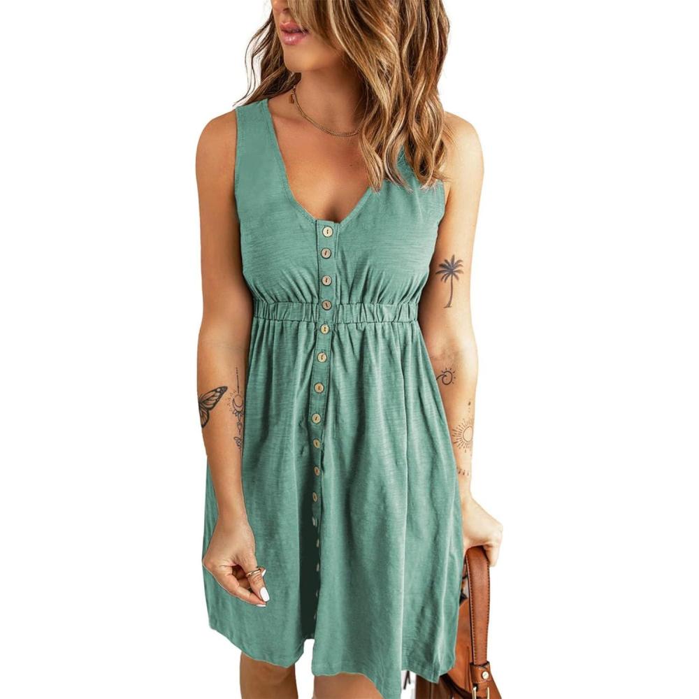 imageBTFBM Summer Dresses for Women 2026 Casual Spring Clothes Sleeveless Crewneck Beach Vacation Outfits Mini Flowy Sun DressButtons Fruit Green