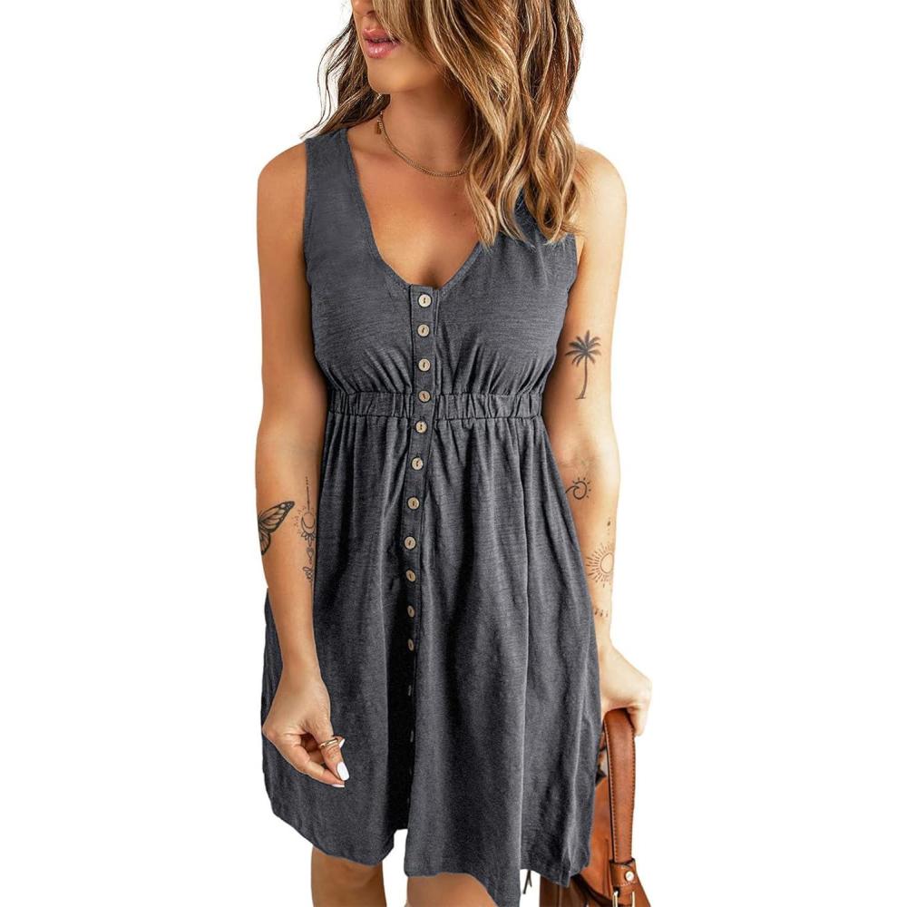 imageBTFBM Summer Dresses for Women 2026 Casual Spring Clothes Sleeveless Crewneck Beach Vacation Outfits Mini Flowy Sun DressButtons Grey