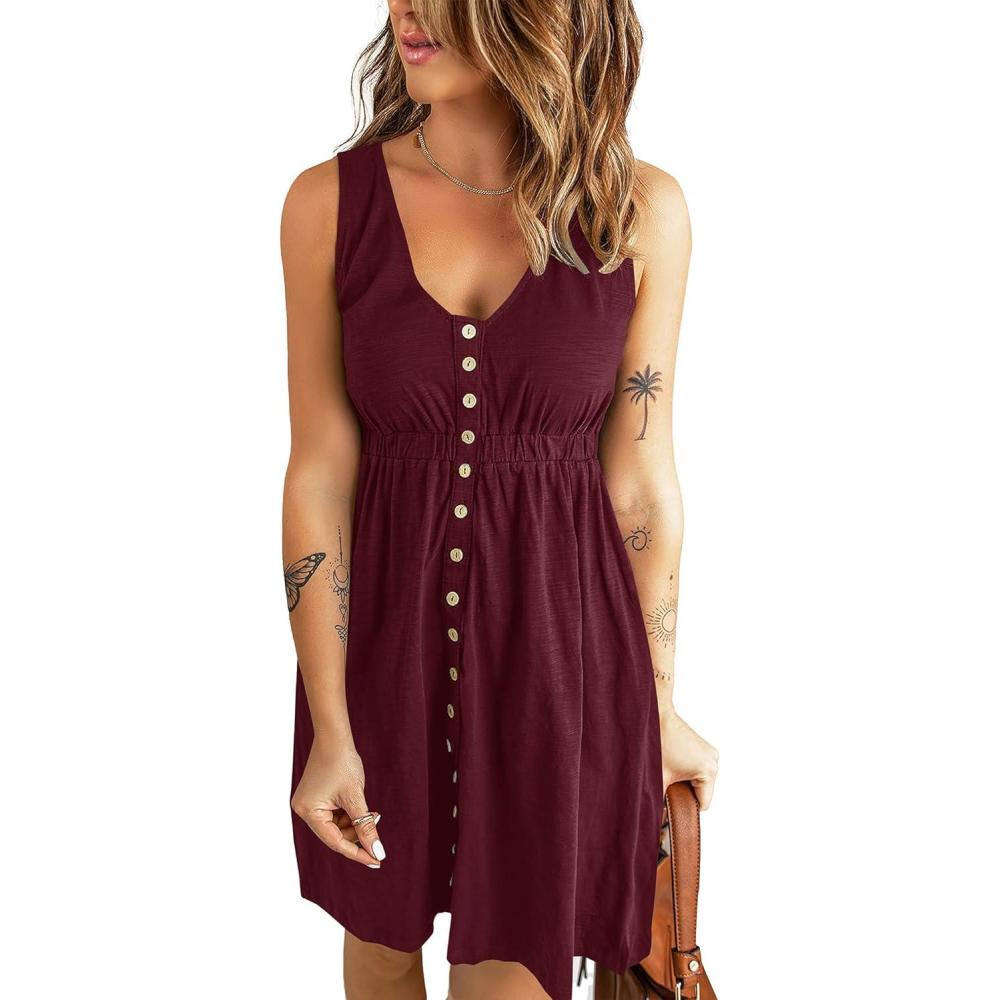 imageBTFBM Summer Dresses for Women 2026 Casual Spring Clothes Sleeveless Crewneck Beach Vacation Outfits Mini Flowy Sun DressButtons Wine Red