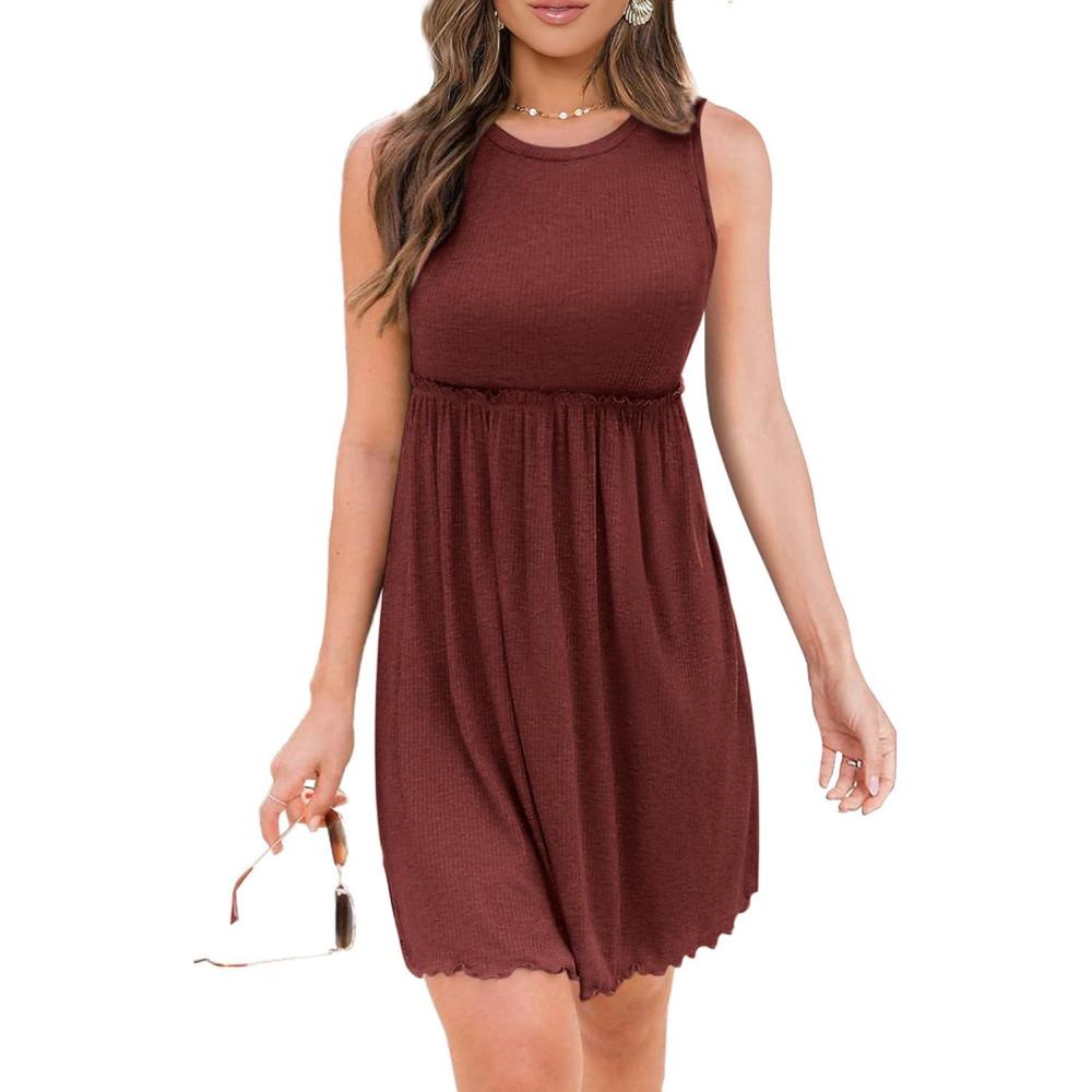imageBTFBM Summer Dresses for Women 2026 Casual Spring Clothes Sleeveless Crewneck Beach Vacation Outfits Mini Flowy Sun DressSolid Dark Brown