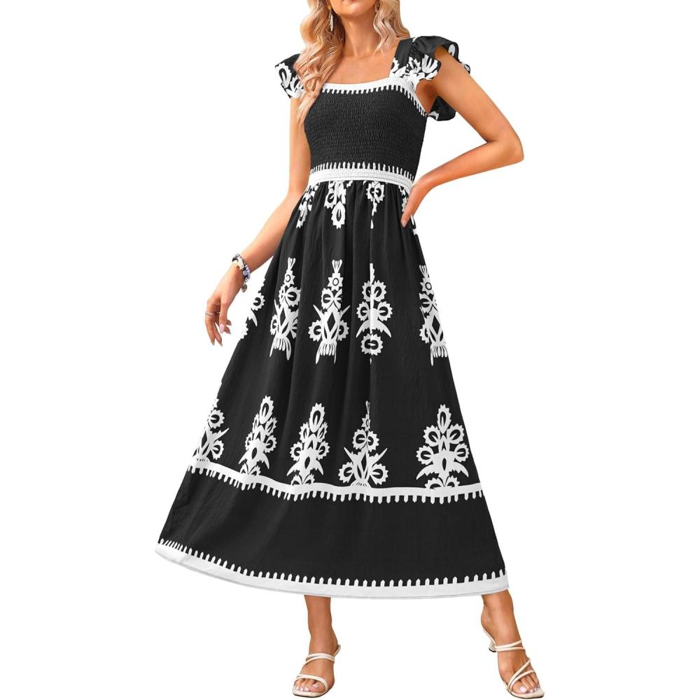 imageBTFBM Summer Dresses for Women 2026 Floral Smocked Boho Sleeveless Square Neck A Line Casual Beach Maxi Dress PocketsBlack