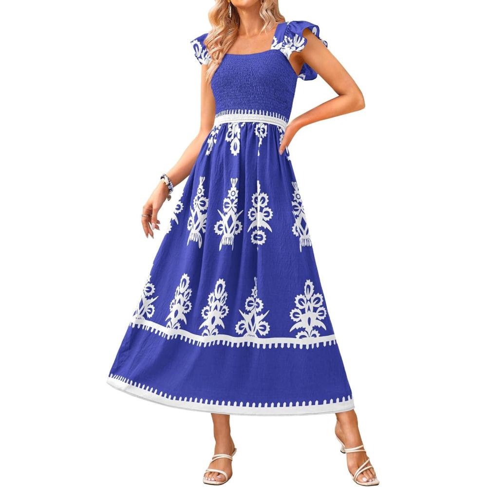 imageBTFBM Summer Dresses for Women 2026 Floral Smocked Boho Sleeveless Square Neck A Line Casual Beach Maxi Dress PocketsBlue