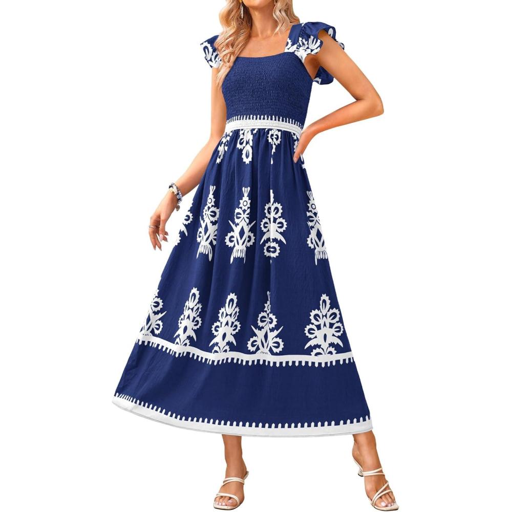 imageBTFBM Summer Dresses for Women 2026 Floral Smocked Boho Sleeveless Square Neck A Line Casual Beach Maxi Dress PocketsDark Blue