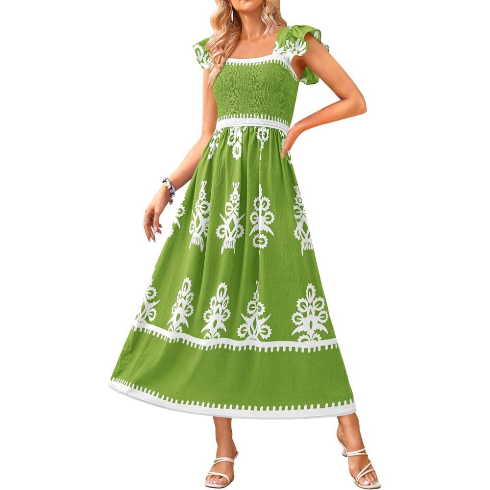 imageBTFBM Summer Dresses for Women 2026 Floral Smocked Boho Sleeveless Square Neck A Line Casual Beach Maxi Dress PocketsGreen
