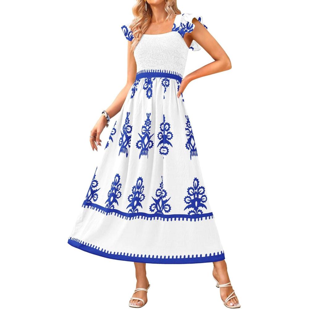 imageBTFBM Summer Dresses for Women 2026 Floral Smocked Boho Sleeveless Square Neck A Line Casual Beach Maxi Dress PocketsWhite Blue
